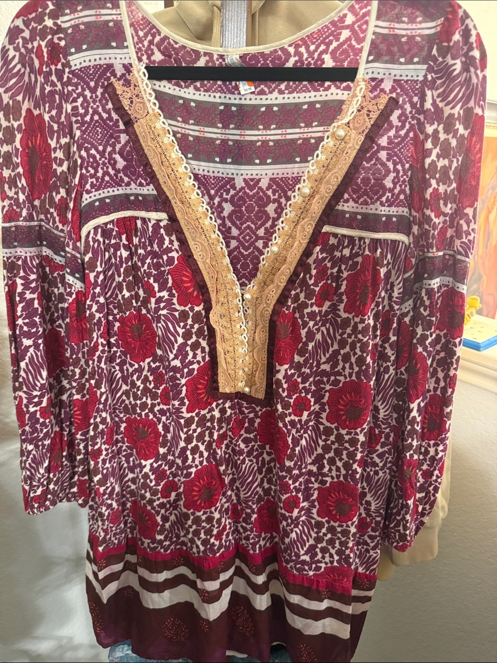 Free People Boho Floral V-Neck Women's Top in Burgundy and Red